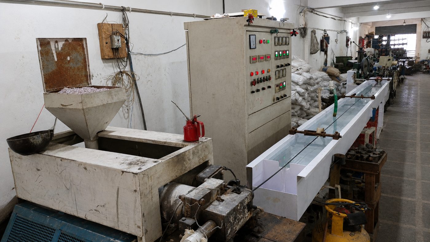 PVC extrusion line at the BFORT plant, with the control panel and cooling trough running the length of the floor