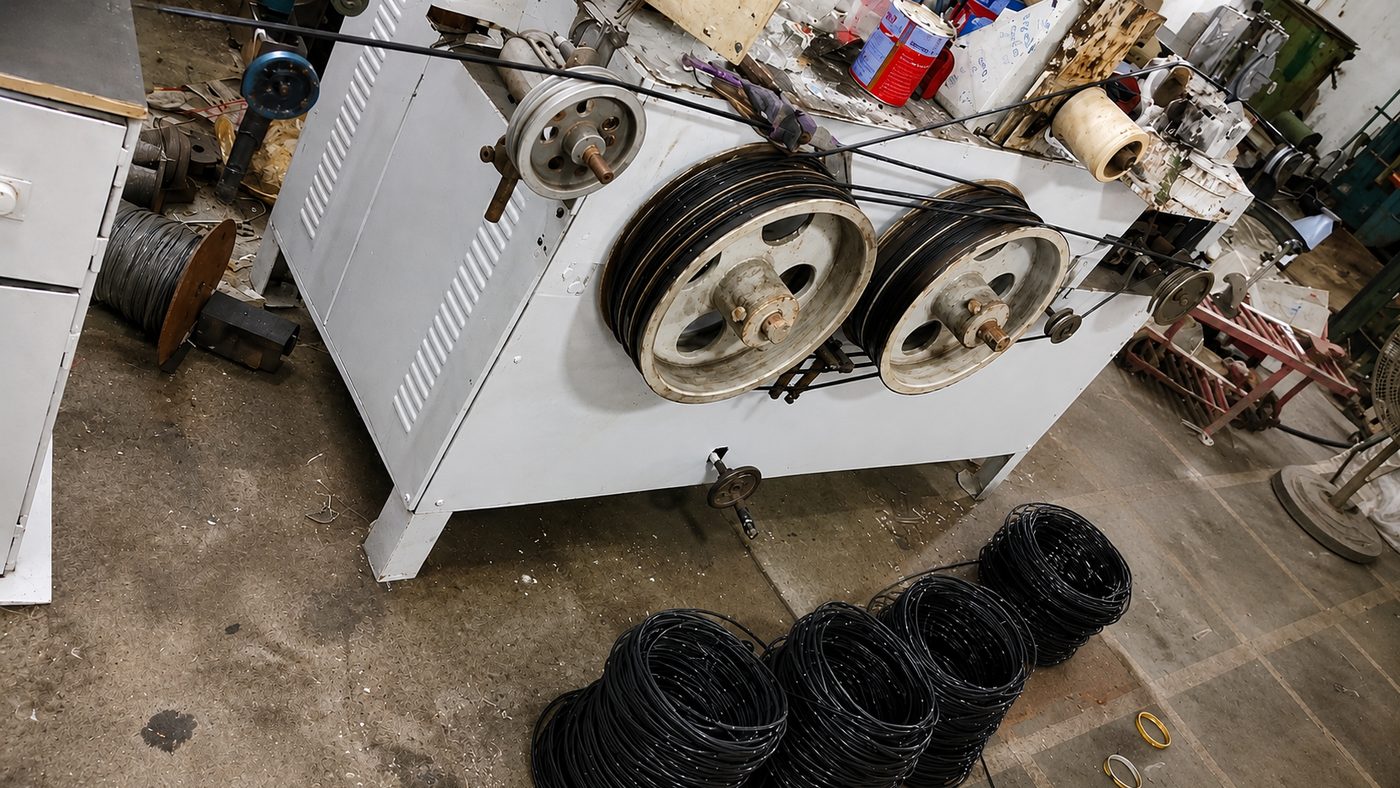 Wire drawing and bunching machine at the BFORT plant, with drawn conductor coiled on the floor