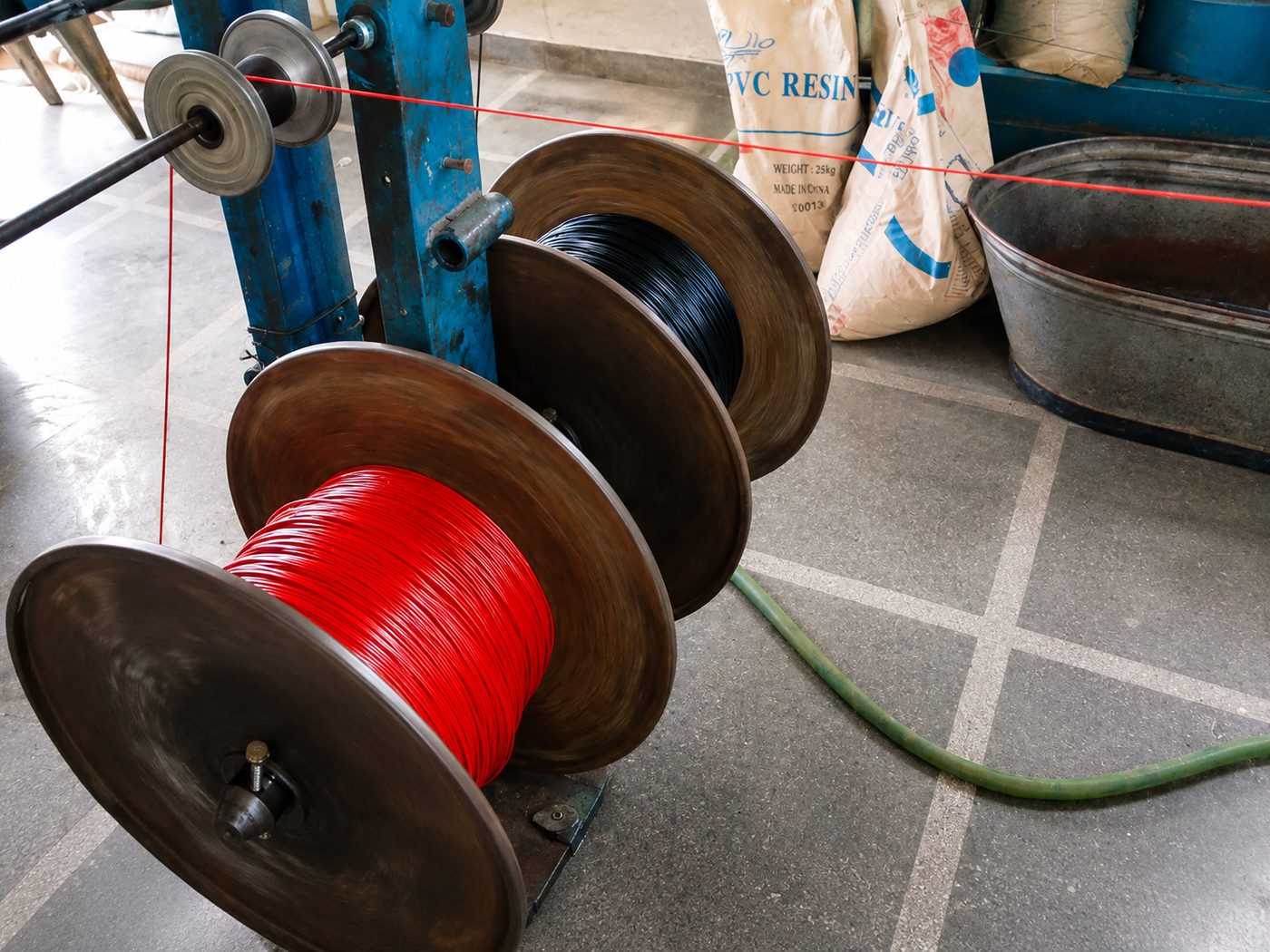 Spools of red and black insulated wire on the winding stand at the BFORT plant